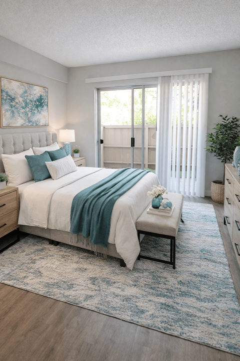 A bedroom with a large bed and a painting on the wall.