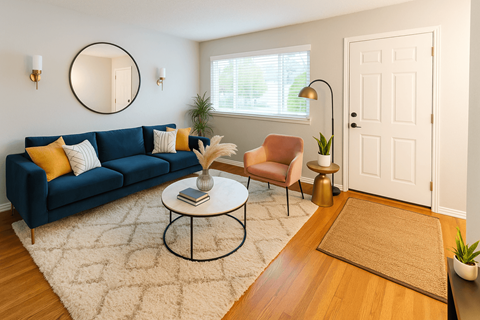 A living room with a blue couch, a round mirror, and a wooden floor.