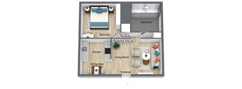 A floor plan of a Vasona apartment showing a bedroom, living room, kitchen, dining area, and bathroom.
