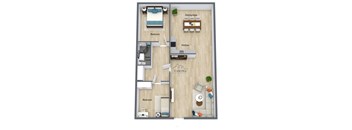 A floor plan of a residence with a dining area, kitchen, and two bedrooms.
