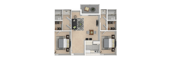 A floor plan of a small apartment with a kitchen, living room, and two bedrooms.