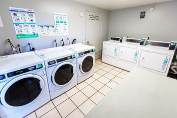A row of washing machines in a laundromat.
