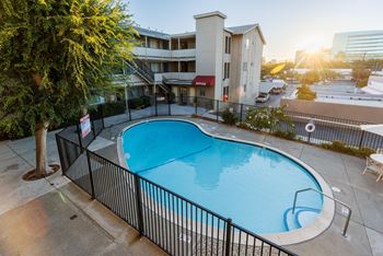 A small pool surrounded by a black fence.