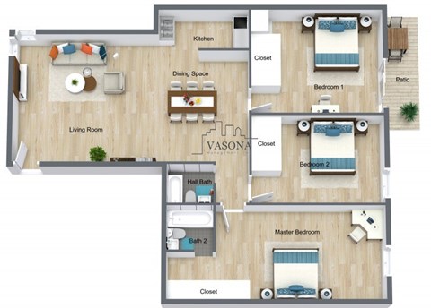 A floor plan of a home with a living room, dining space, kitchen, and three bedrooms.