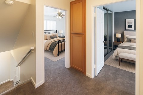 A bedroom with a bed and a dresser is shown.