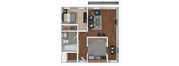 A top-down view of a small apartment with a kitchen, living room, and bathroom.