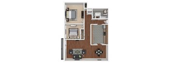 A floor plan of a small apartment with a kitchen, living room, and bathroom.