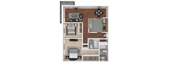 A floor plan of a small apartment with a kitchen, living room, and bathroom.