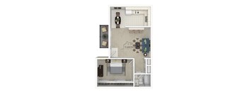 A floor plan of a room with a bed, a desk, and a chair.