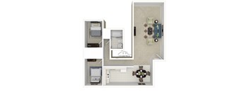 A floor plan of an apartment with a kitchen, living room, and bathroom.