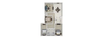 A floor plan of an apartment with a kitchen, living room, dining room, and bathroom.