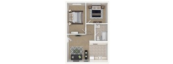 A floor plan of a one bedroom apartment with a living room, kitchen, and bathroom.