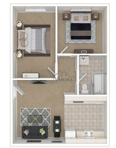 A floor plan of a one bedroom apartment with a living room, kitchen, and bathroom.