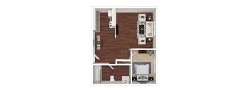 A top-down view of a small apartment with a bedroom, living room, and kitchen.