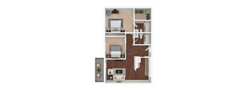 A top-down view of a small apartment layout with a living room, kitchen, and bedroom.