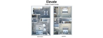 A diagram of an apartment layout with two bedrooms and a bathroom.