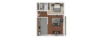 A top-down view of a small apartment with a kitchen, living room, and bathroom.