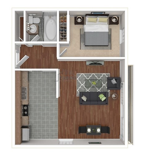 A top-down view of a small apartment with a kitchen, living room, and bathroom.