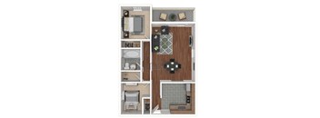 A 3D floor plan of a small apartment with a kitchen, living room, and bathroom.