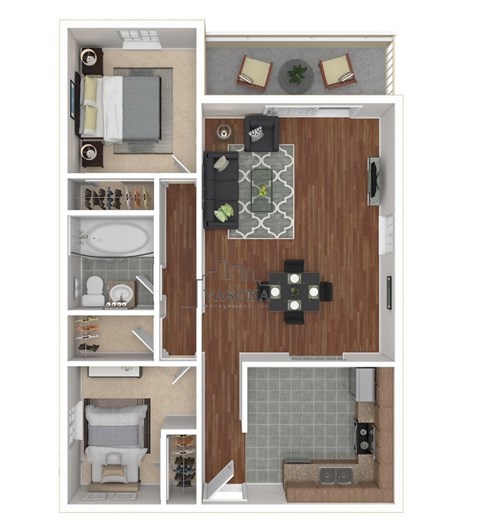 A 3D floor plan of a small apartment with a kitchen, living room, and bathroom.
