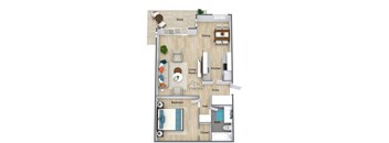 A floor plan of a Vasona apartment with a bedroom, living room, kitchen, dining room, and deck.