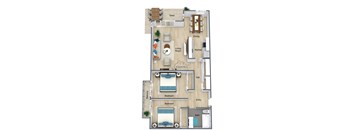 A floor plan of a house with a deck, dining area, living room, kitchen, and bathroom.
