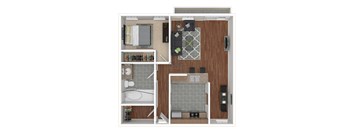 A top-down view of a bathroom layout with a bathtub, toilet, sink, and a mirror.