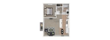A floor plan of a room with a living area, dining area, kitchen, and bathroom.