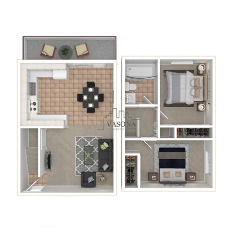 A floor plan of a Vasona apartment with a living room, kitchen, and bathroom.