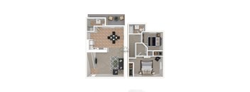 A floor plan of a Vasona apartment with two bedrooms, a living room, a kitchen, and a bathroom.