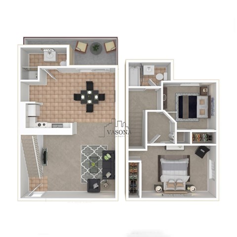 A floor plan of a Vasona apartment with two bedrooms, a living room, a kitchen, and a bathroom.