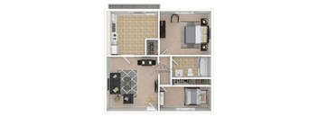 A floor plan of a small apartment with a kitchen, living room, and bathroom.