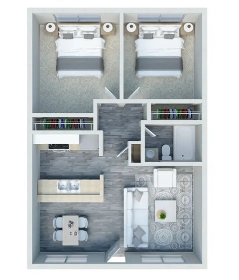 A top-down view of a bathroom with two toilets, a sink, a bathtub, and a shower.