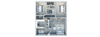 A 3D floor plan of a small apartment with a kitchen, living room, and bathroom.