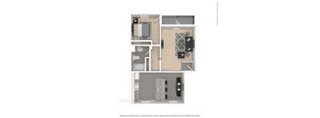 a stylized floor plan with a bedroom and a living room