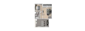 A floor plan of a small apartment with a kitchen, living room, and bathroom.