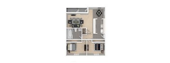 A floor plan of a small apartment with a kitchen, living room, and bathroom.