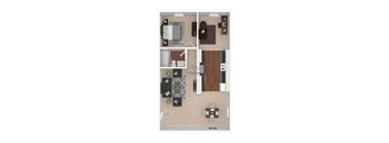 A floor plan of an apartment with a kitchen, living room, and two bedrooms.