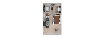 A floor plan of a room with a kitchen, living room, and bathroom.