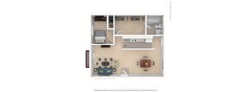 A floor plan of a small apartment with a living room, kitchen, and bathroom.