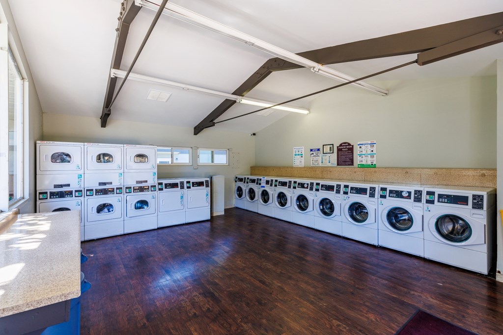 A laundry room with a row of washing machines.