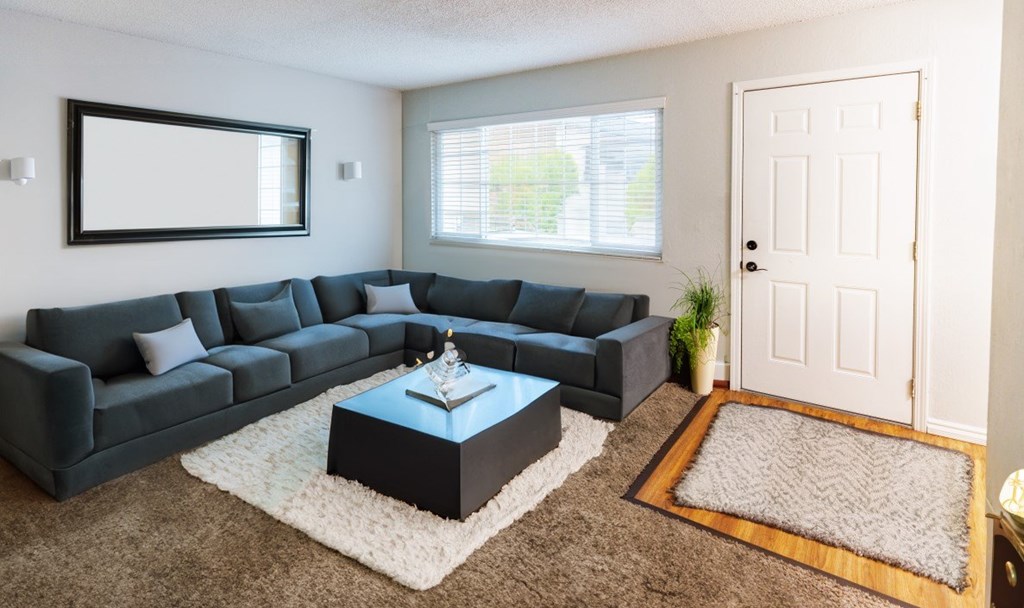 A living room with a grey couch and a coffee table.