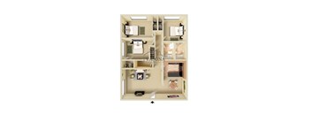 A floor plan of a two-bedroom apartment with a living room, kitchen, and bathroom.