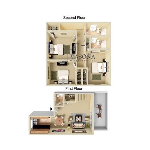 A floor plan of a Masona Management Inc. apartment showing a first and second floor layout.