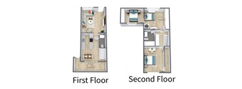 Two images showing the first and second floor layouts of a Vasona apartment.