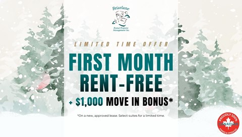 A promotional image for a first month rent-free offer with a $1,000 move-in bonus.