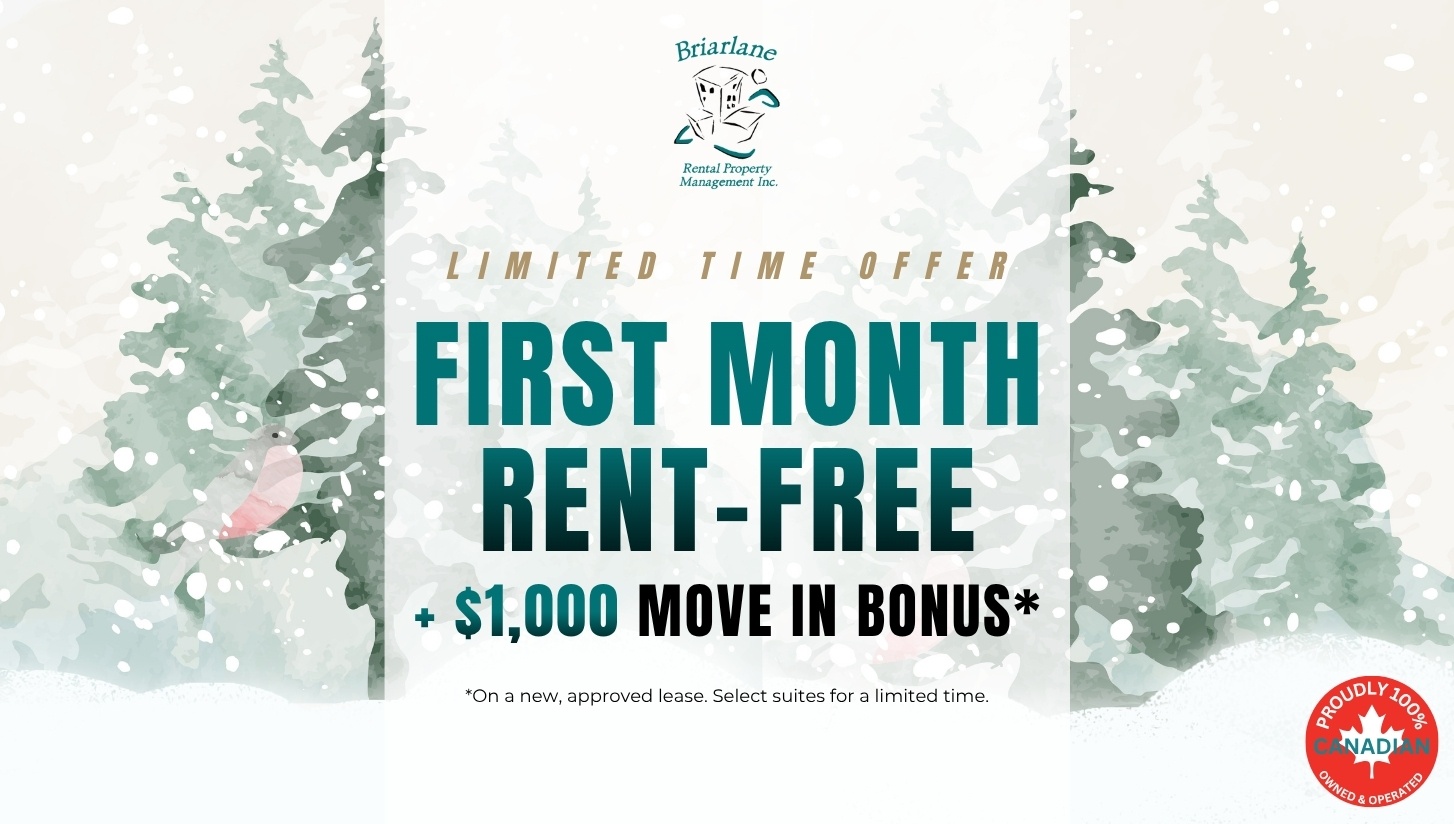 A promotional image for a first month rent-free offer with a $1,000 move-in bonus.