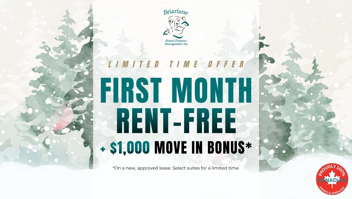 A promotional image for a first month rent-free offer with a $1,000 move-in bonus.