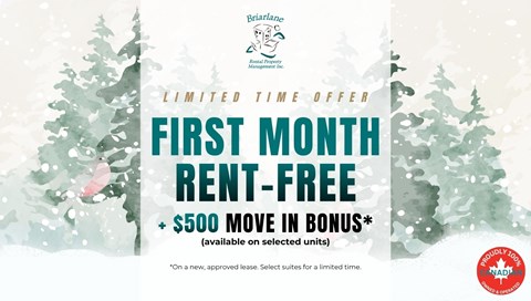 A promotional image for a limited time offer of a first month rent-free and $500 move in bonus.