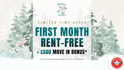 A promotional image for a limited time offer of a first month rent-free and $500 move in bonus.